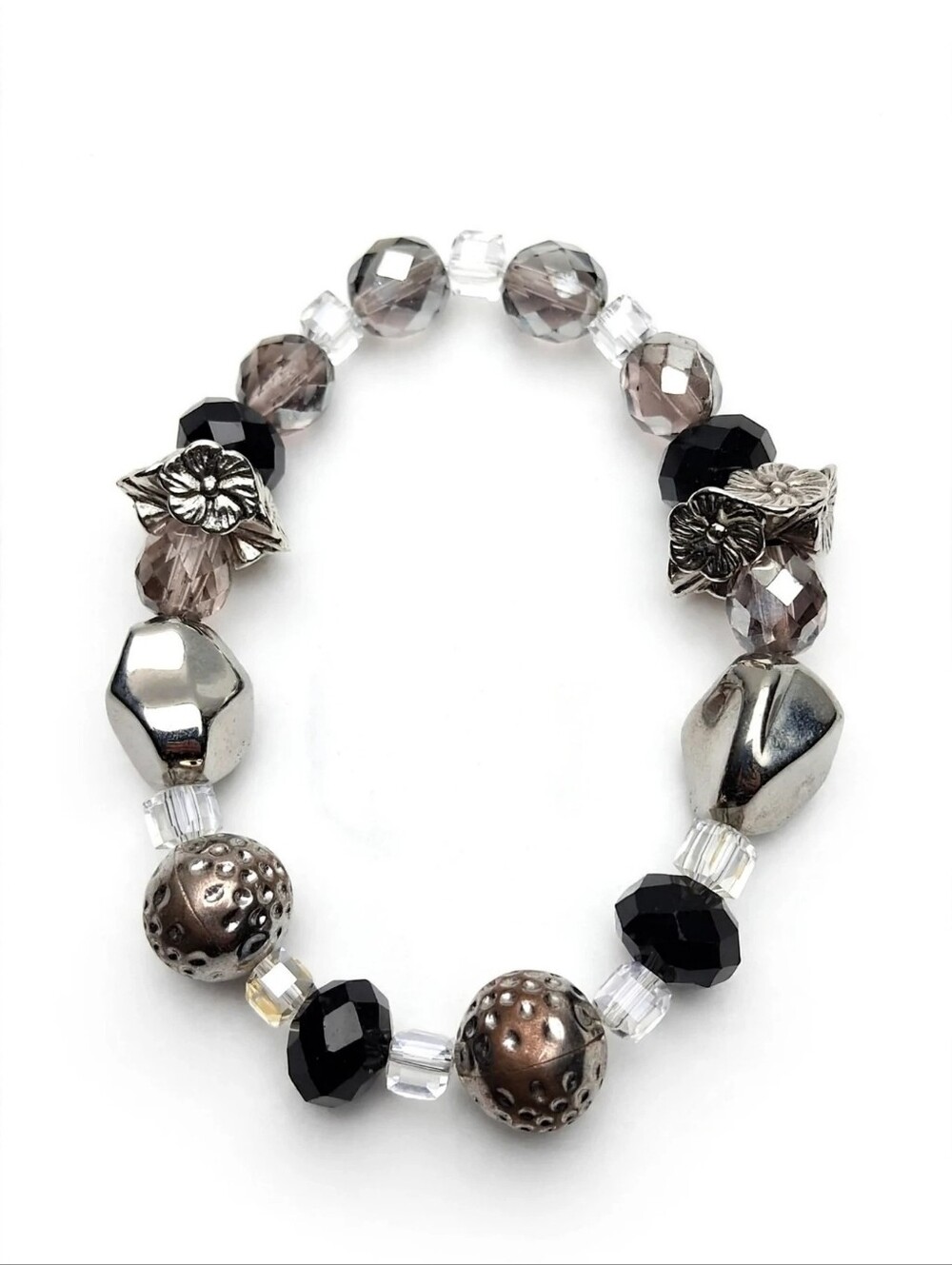 Silver-Tone Floral & Bead Stretch Bracelet - Black and Clear